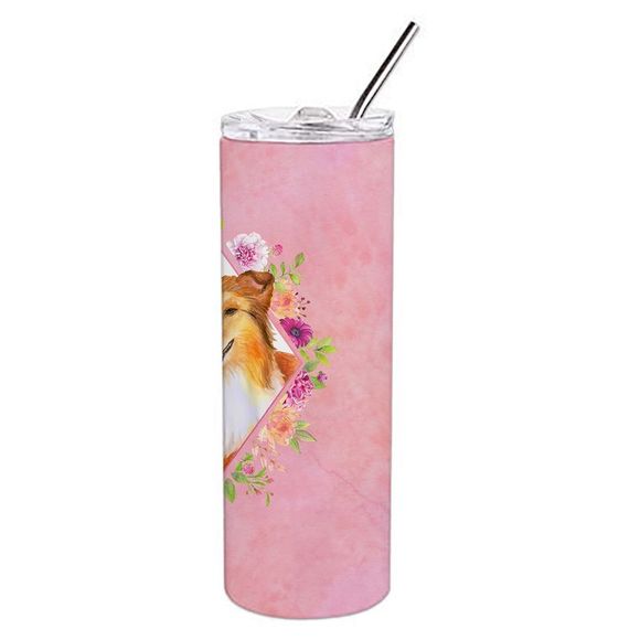 Sheltie Shetland Sheepdog Pink Flowers Stainless Steel 20 oz Skinny Tumbler - Picture 4 of 4